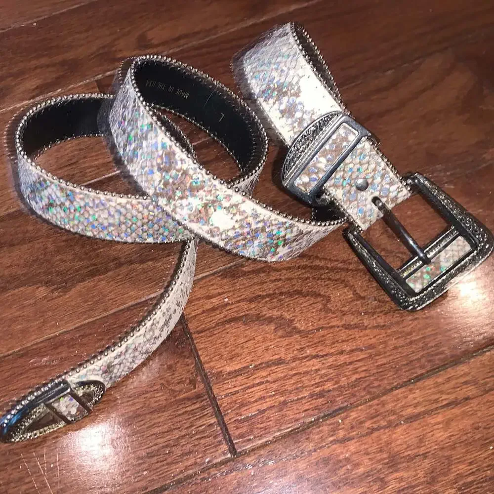 Y2K Glitter Western Belt‎ Silver Sparkle Studded Cowgirl USA L